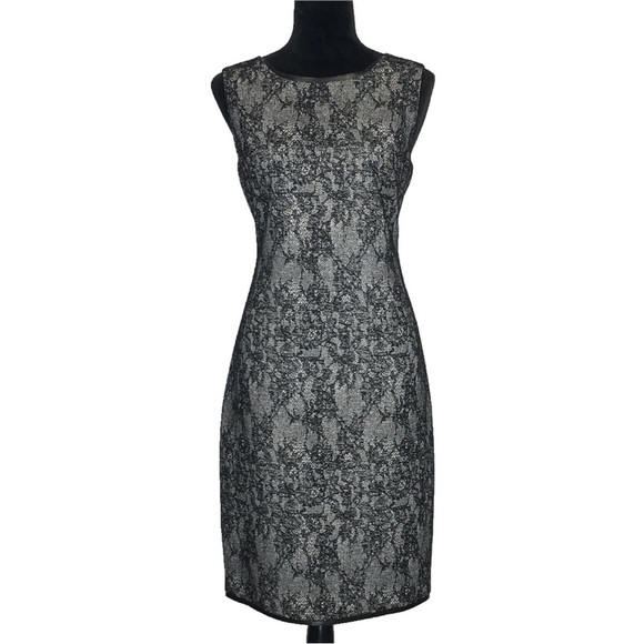 Tahari Dress Women Size 6 Black Faux Lace Sheath Open V Back Nothc Leather Trim - Picture 1 of 12